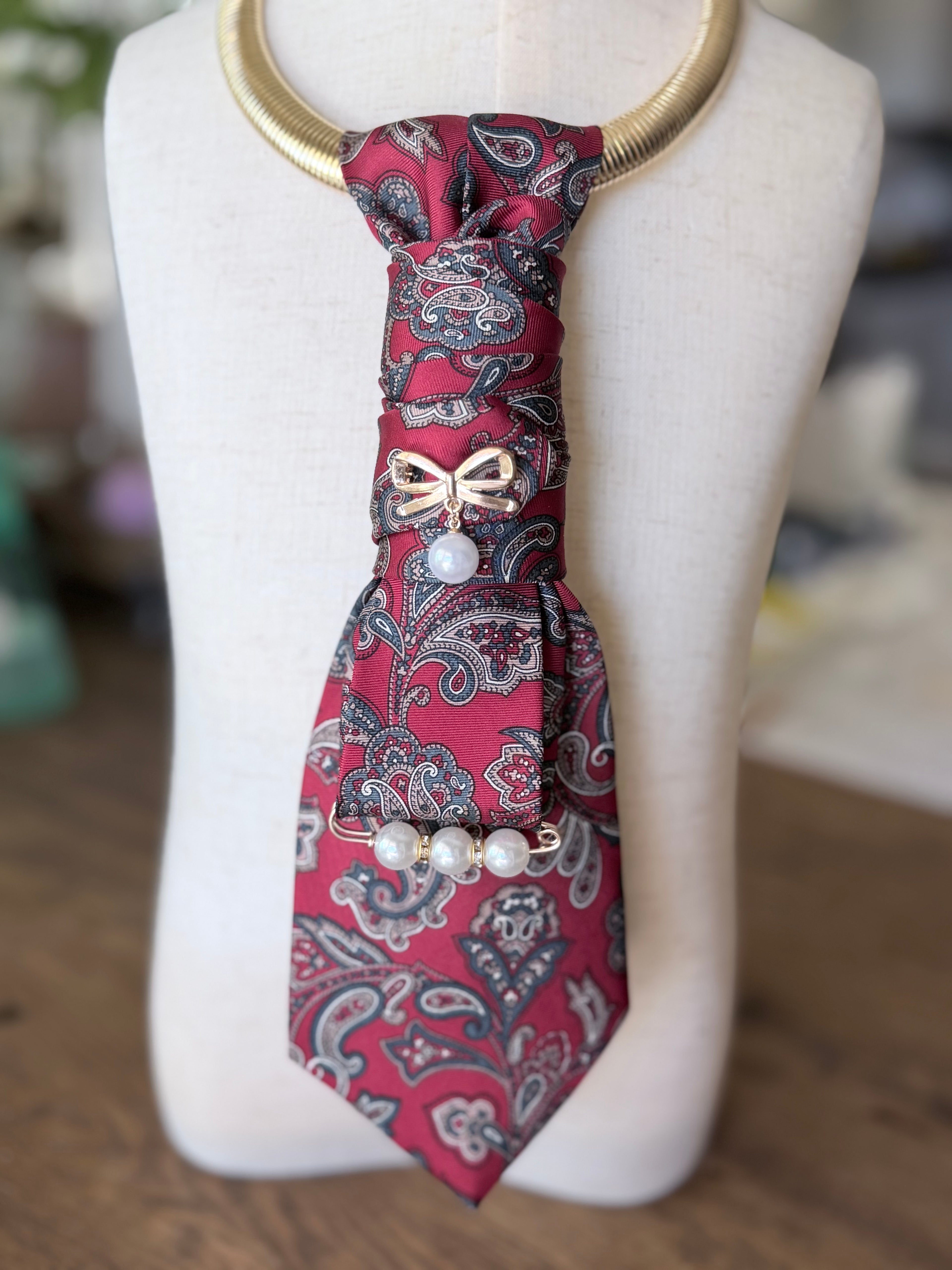 Old Money, New Rules - Revamped Burgundy Paisley Tie Necklace